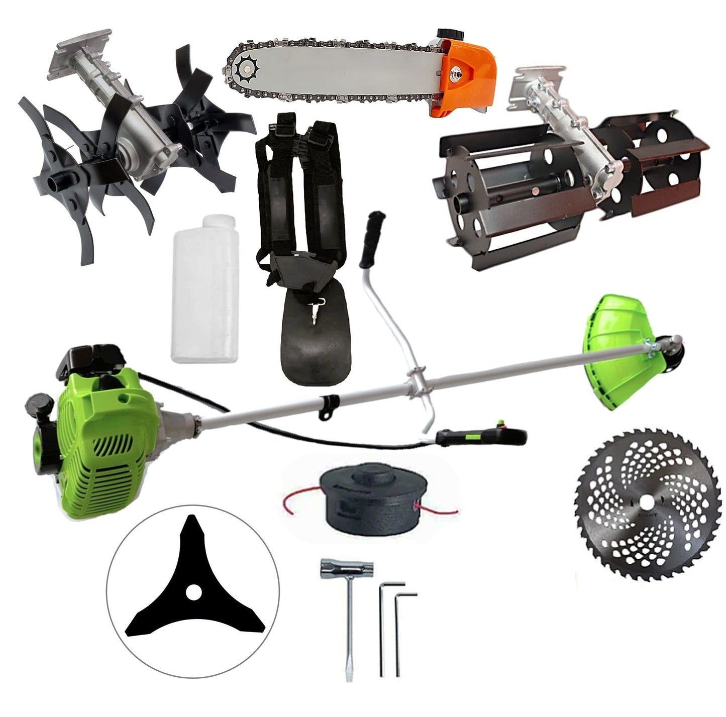 eMESERIASUL.RO Motocositoarea FERMIERULUI-GOSPODAR, Consum Mic, Accesorii si 2xDisc, VERDE-3.4CP, Plus Cap DRUJBA, PRASITOARE, CULTIVATOR, POZA 1