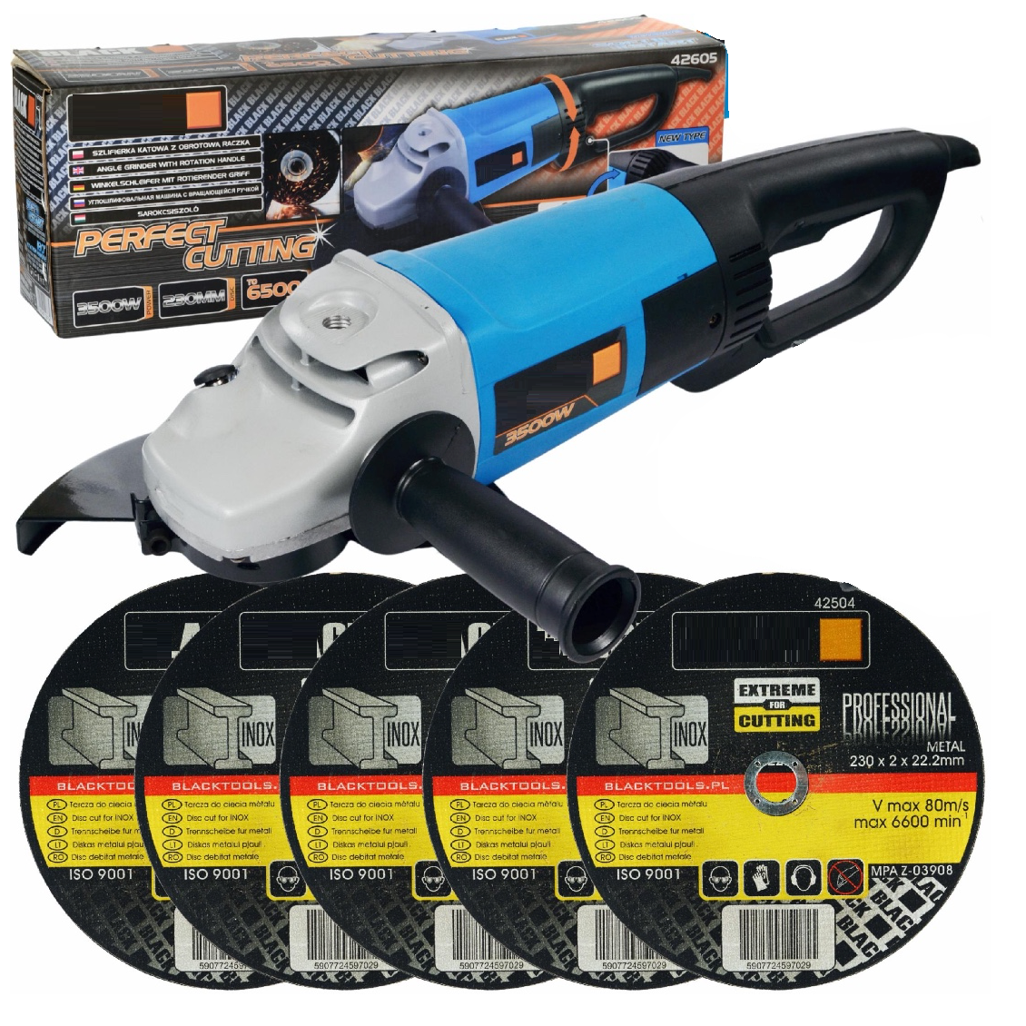 eMESERIASUL.RO SET Polizor unghiular/ flex BLACK-SQUARE PORTONERO B42605, 3500W, 6500RPM, include 5 x disc 230mm, POZA 5