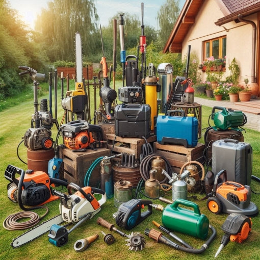 Colecție de scule și unelte profesionale – aparate electrice, unelte manuale și accesorii de gradinarit, prezentate într-o curte a unei case.
