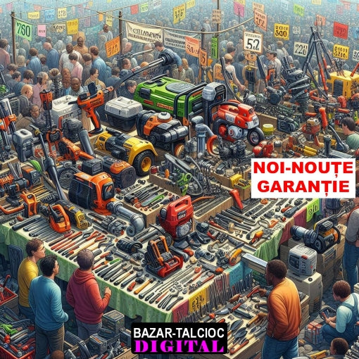 Bazar-talcioc de oferte si promotii la scule si unelte noi cu garantie: Stand de târg cu scule și unelte diverse – ciocane, bormașini, șurubelnițe, accesorii auto, unelte de grădinărit și aparate electrice, într-un cadru colorat de bazar.